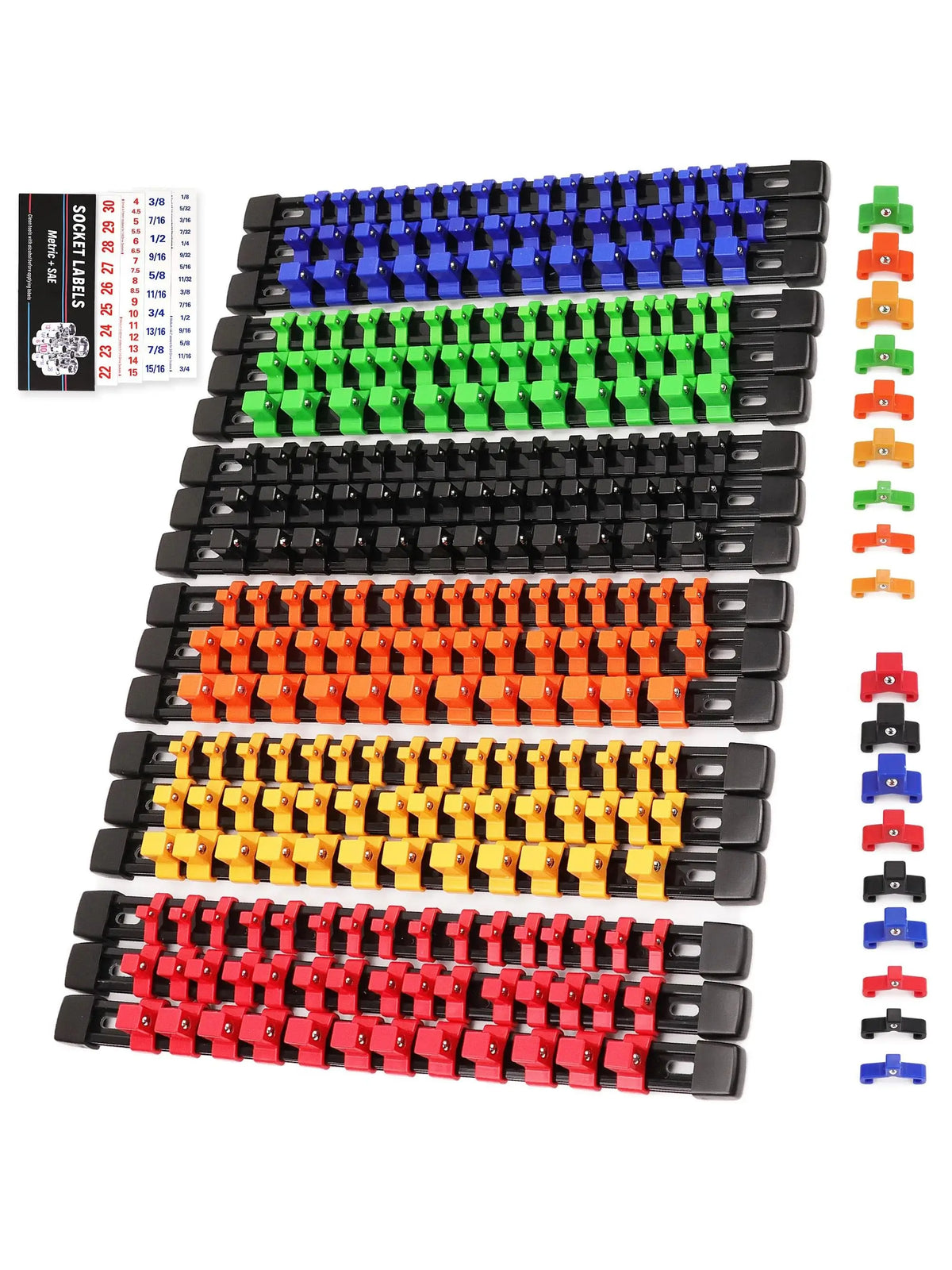 A set of three black socket organizer rails in blue, green, and red for organizing 1/4, 3/8, and 1/2 inch drives.