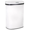 A white automatic touchless trash can with a black rim.