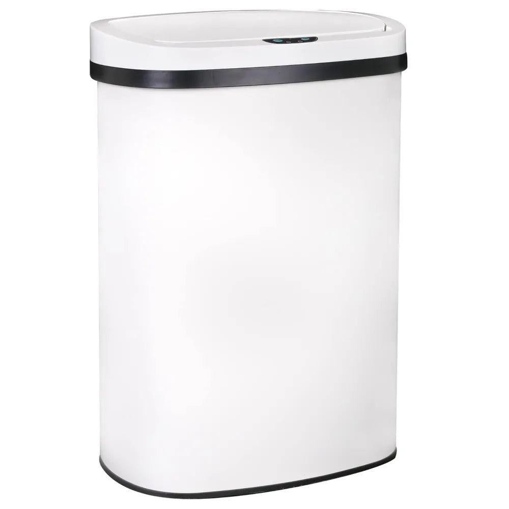 A white automatic touchless trash can with a black rim.