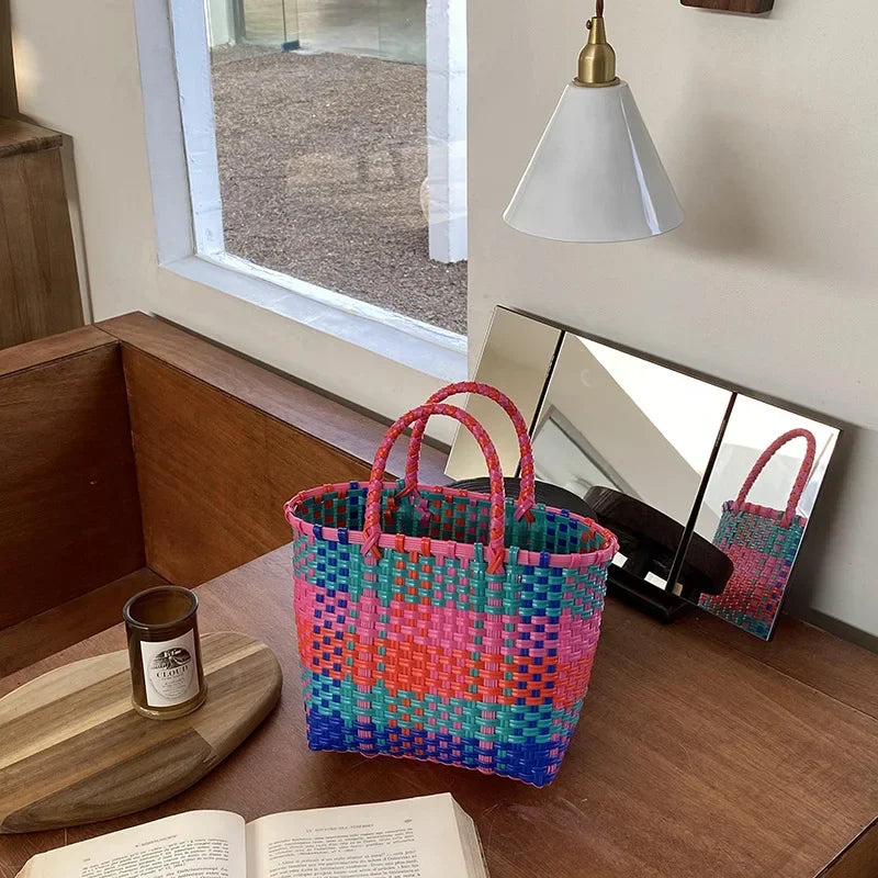 Hand-Woven PVC Tote Bag with Striped Patchwork Design