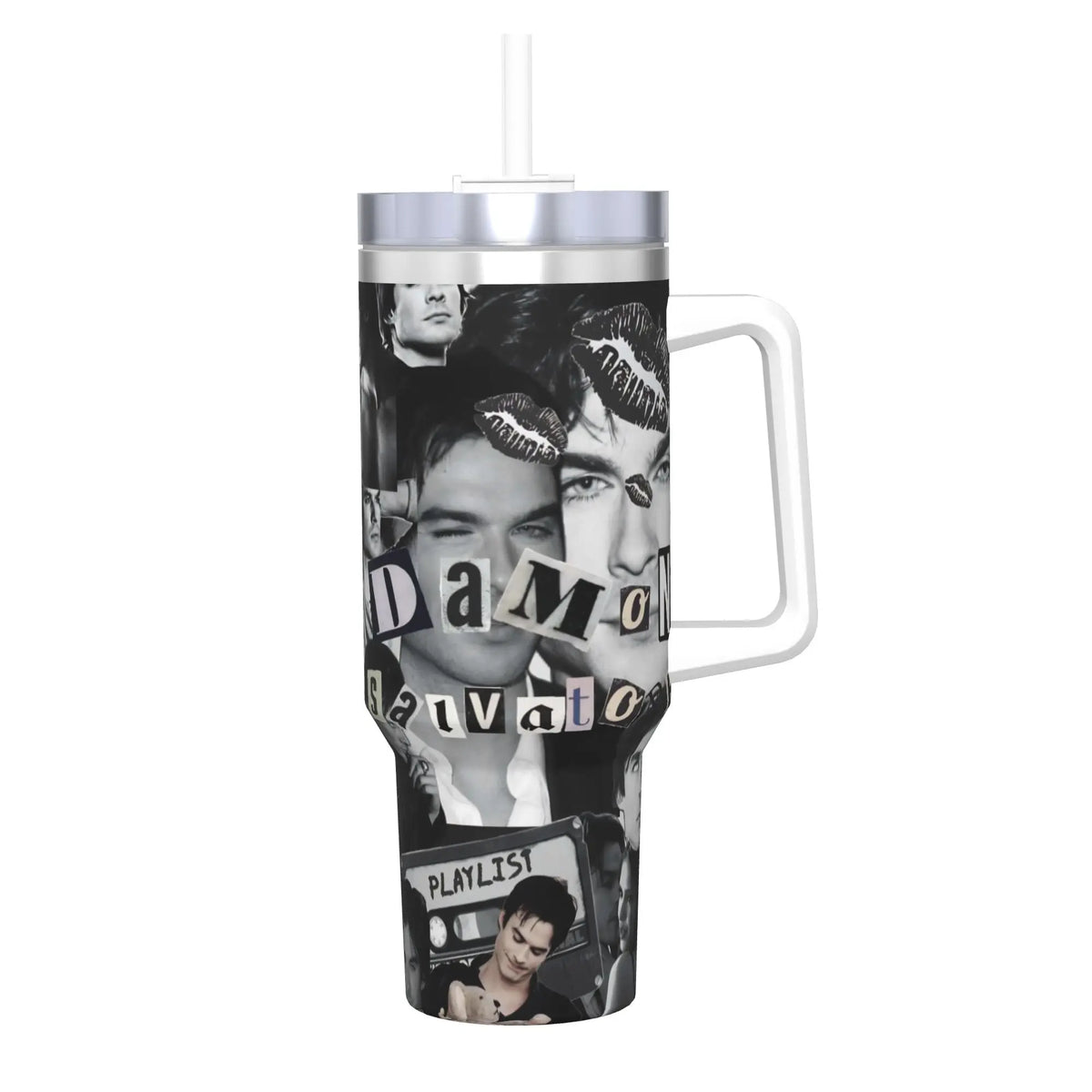 Insulated stainless steel tumbler featuring a collage of rock music imagery and text