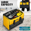 A yellow heavy-duty tool bag with black trim and handles is shown next to a yellow version of the same bag.