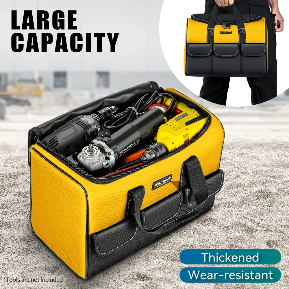 A yellow heavy-duty tool bag with black trim and handles is shown next to a yellow version of the same bag.
