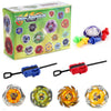 A set of metal gyro spinning tops and launchers in various colors, including purple, green, red, and blue.