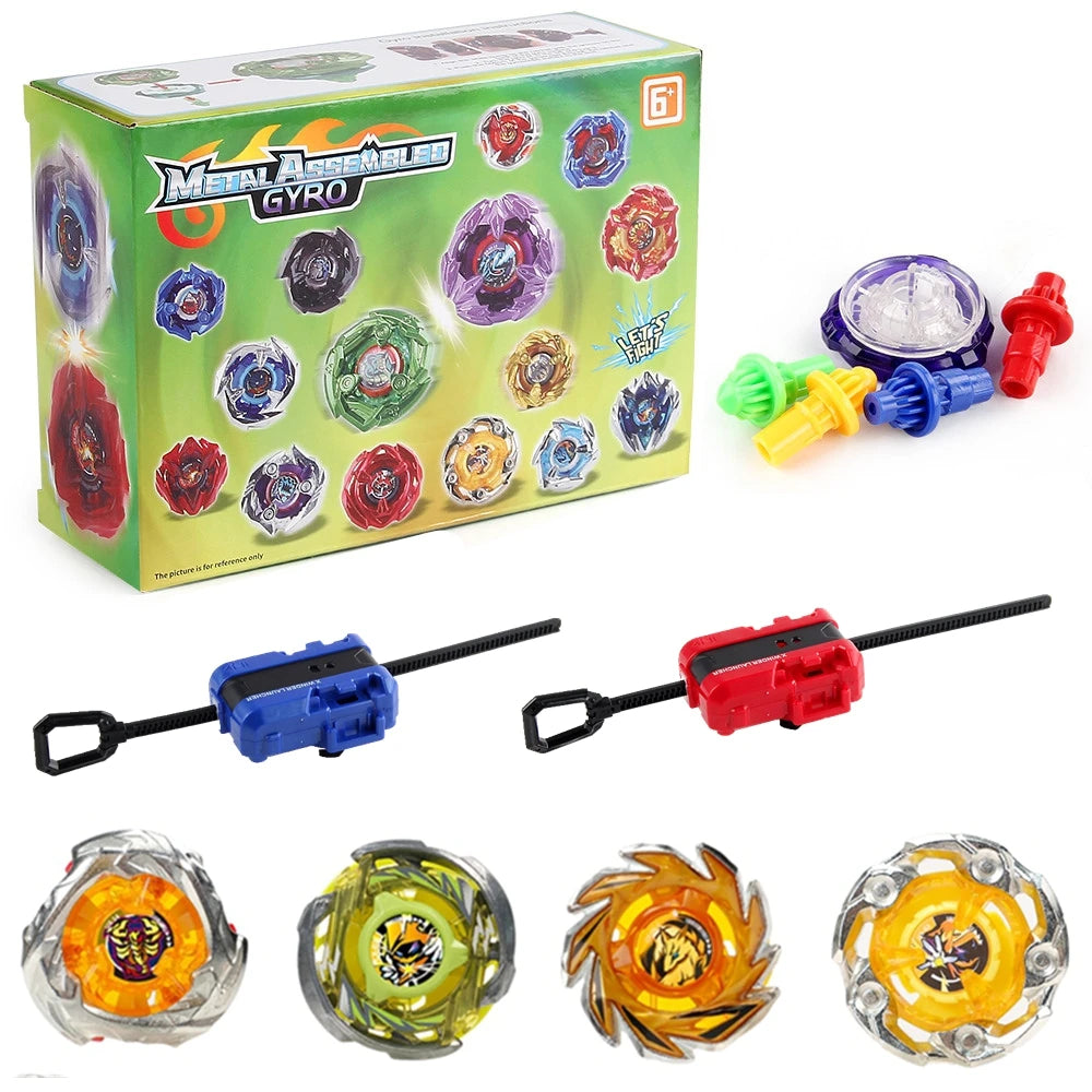 A set of metal gyro spinning tops and launchers in various colors, including purple, green, red, and blue.