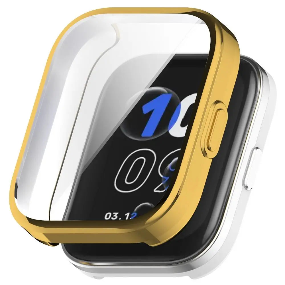 A close-up view of an Amazfit Bip 5 Unity smartwatch with a gold protective TPU case on a dark background.