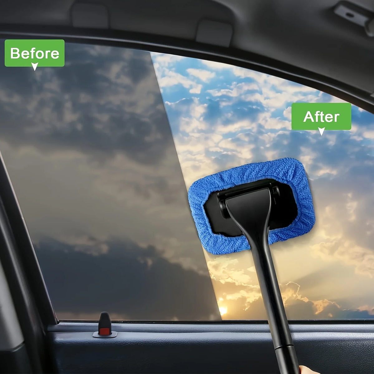 Before and after comparison showing a car windshield cleaning tool removing streaks.