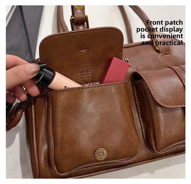 Women's Retro PU Leather Shoulder Bag with Multiple Pockets & Detachable Charm