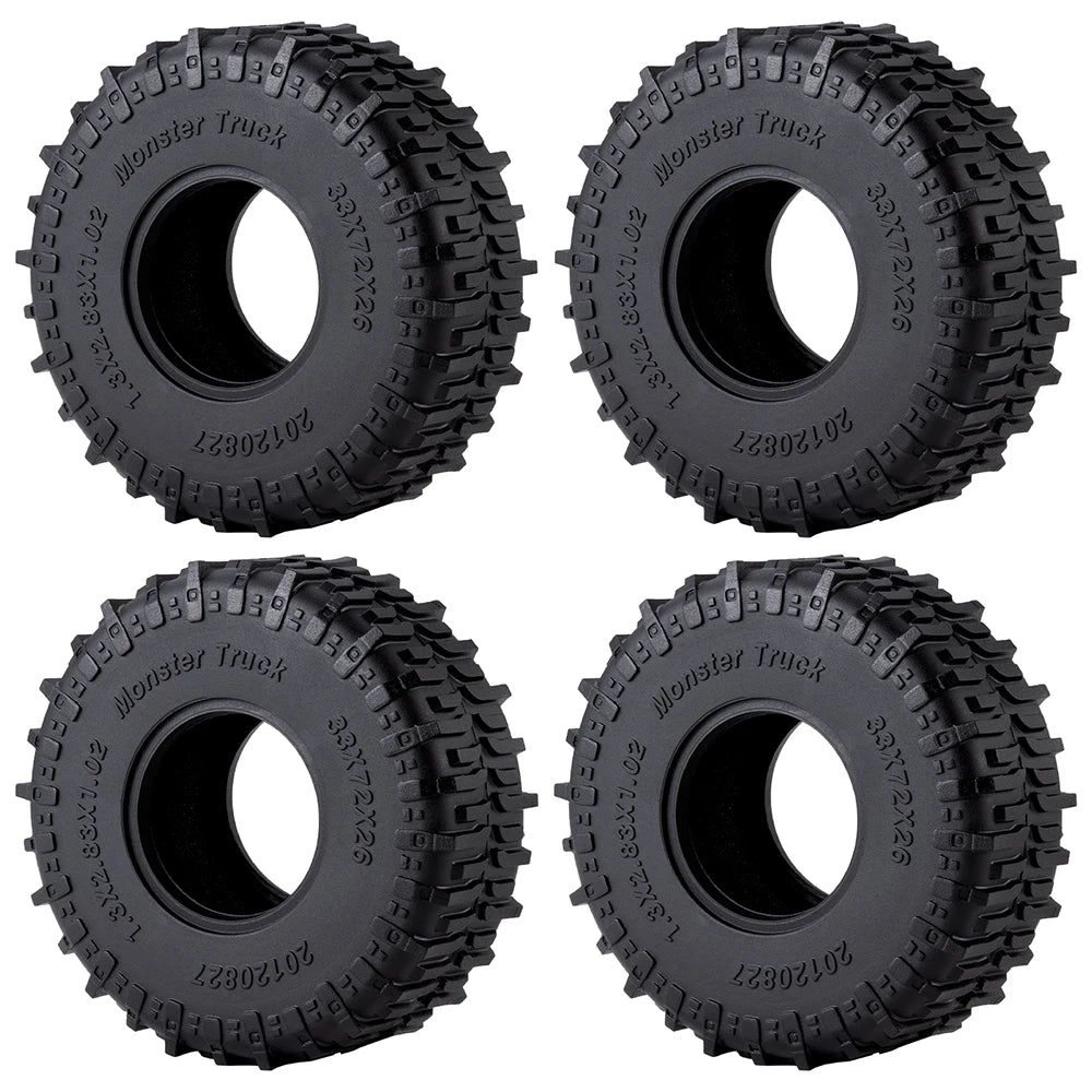 Four black Monster Truck mud terrain rubber tires for RC crawlers