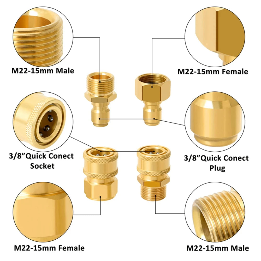 A set of M22-15mm male and female adapters and 3/8" quick connect socket and plug for pressure washers.