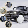 A black Jeep Wrangler is shown with various tire covers and a spare tire, demonstrating the universal tire cover set.