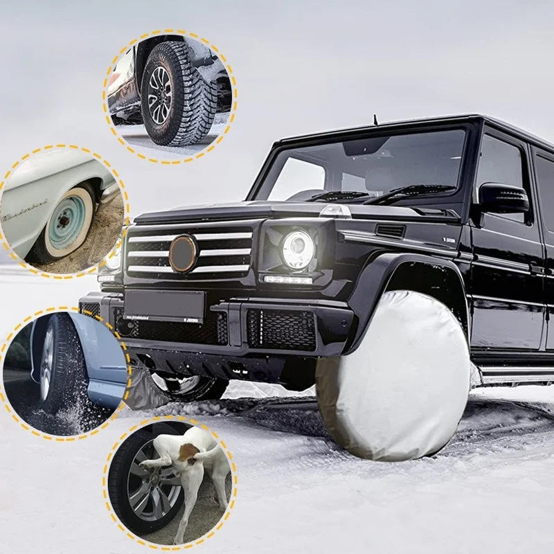 A black Jeep Wrangler is shown with various tire covers and a spare tire, demonstrating the universal tire cover set.