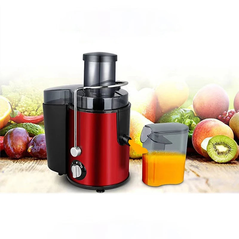 A red and black centrifugal juicer appliance is shown with fresh fruits and vegetables in the background.