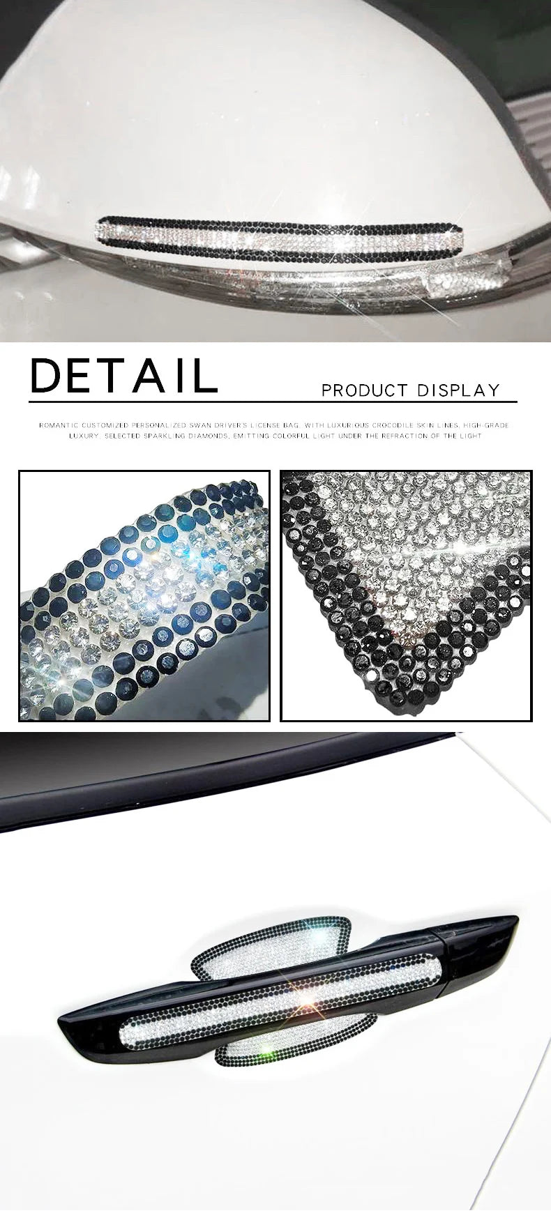 Close-up display of a car door handle scratch protection sticker set featuring sparkling diamonds and black accents.