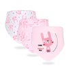 A set of three pink soft cotton baby bibs with cartoon prints featuring rabbits and stars.