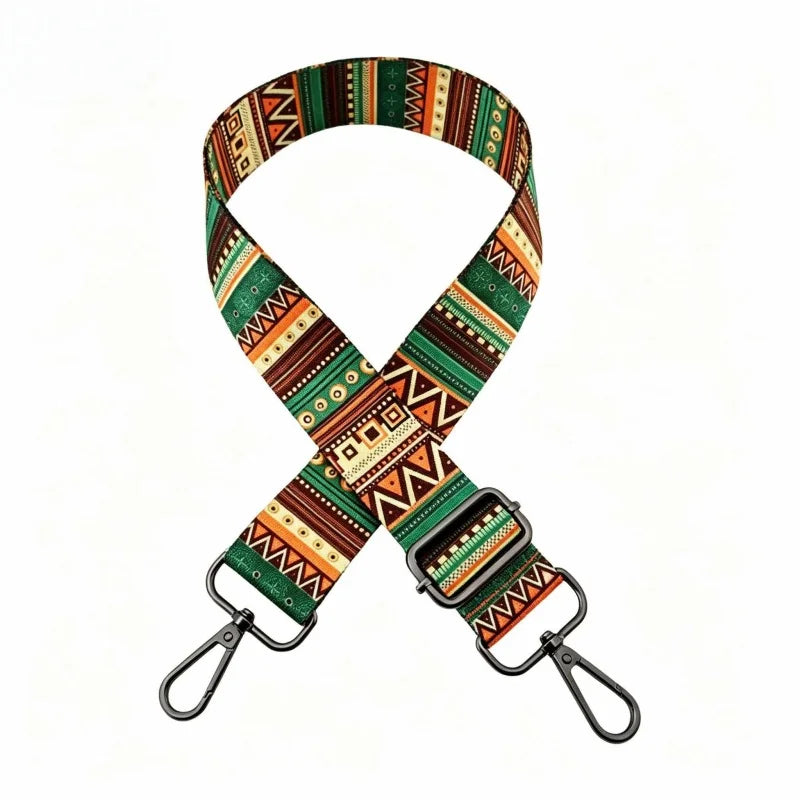 An elegant magnolia jacquard adjustable crossbody bag strap featuring multicolored geometric patterns.