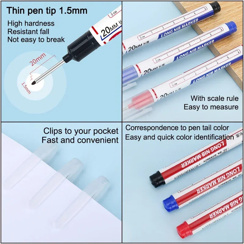 A set of thin pen tip markers with 20mm long nibs and a scale rule for measuring, along with clips for storage.