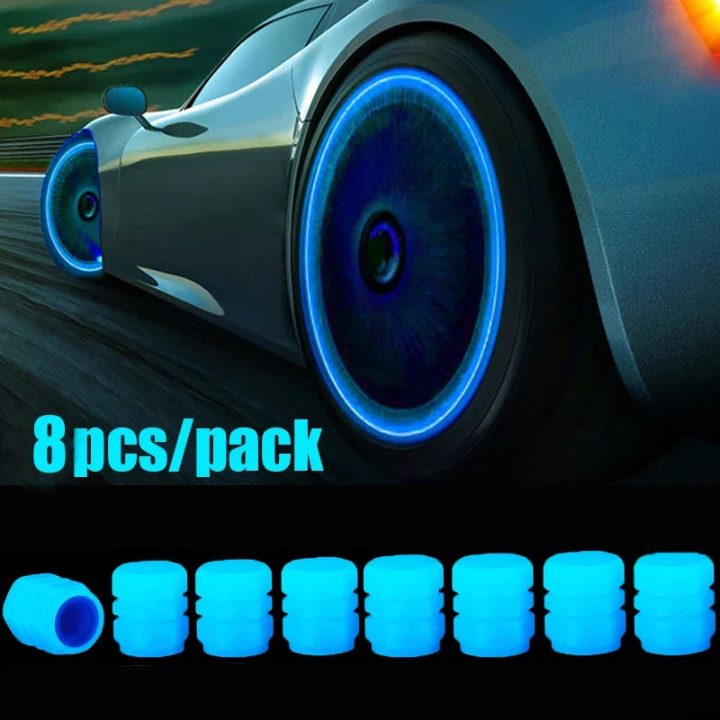 Pack of eight luminous tire valve caps with a glow-in-the-dark blue design