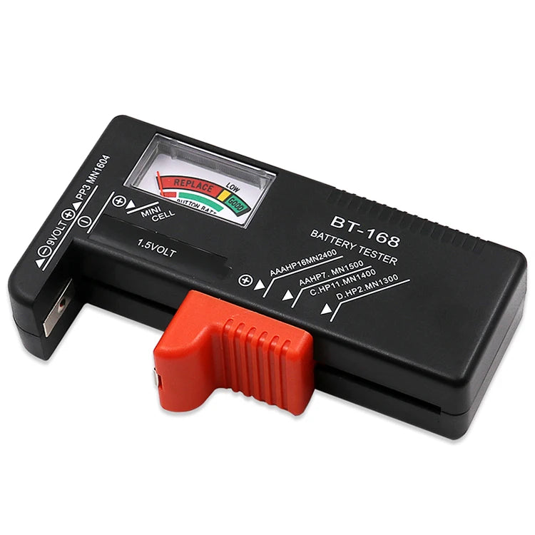 Black battery tester device with a red test clip and indicator lights for various cell types