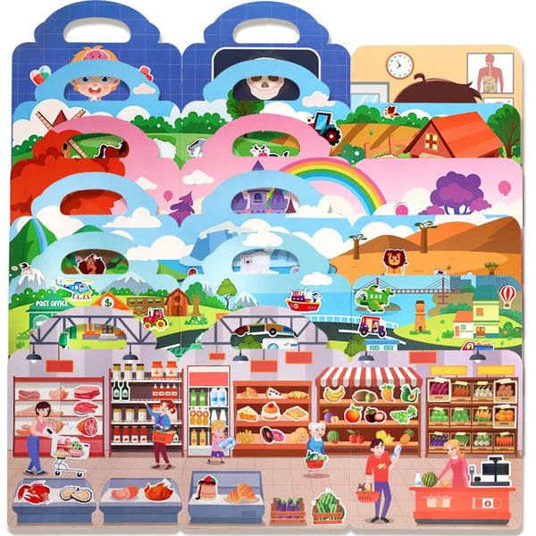 A colorful sticker book featuring various food items and scenes for children.
