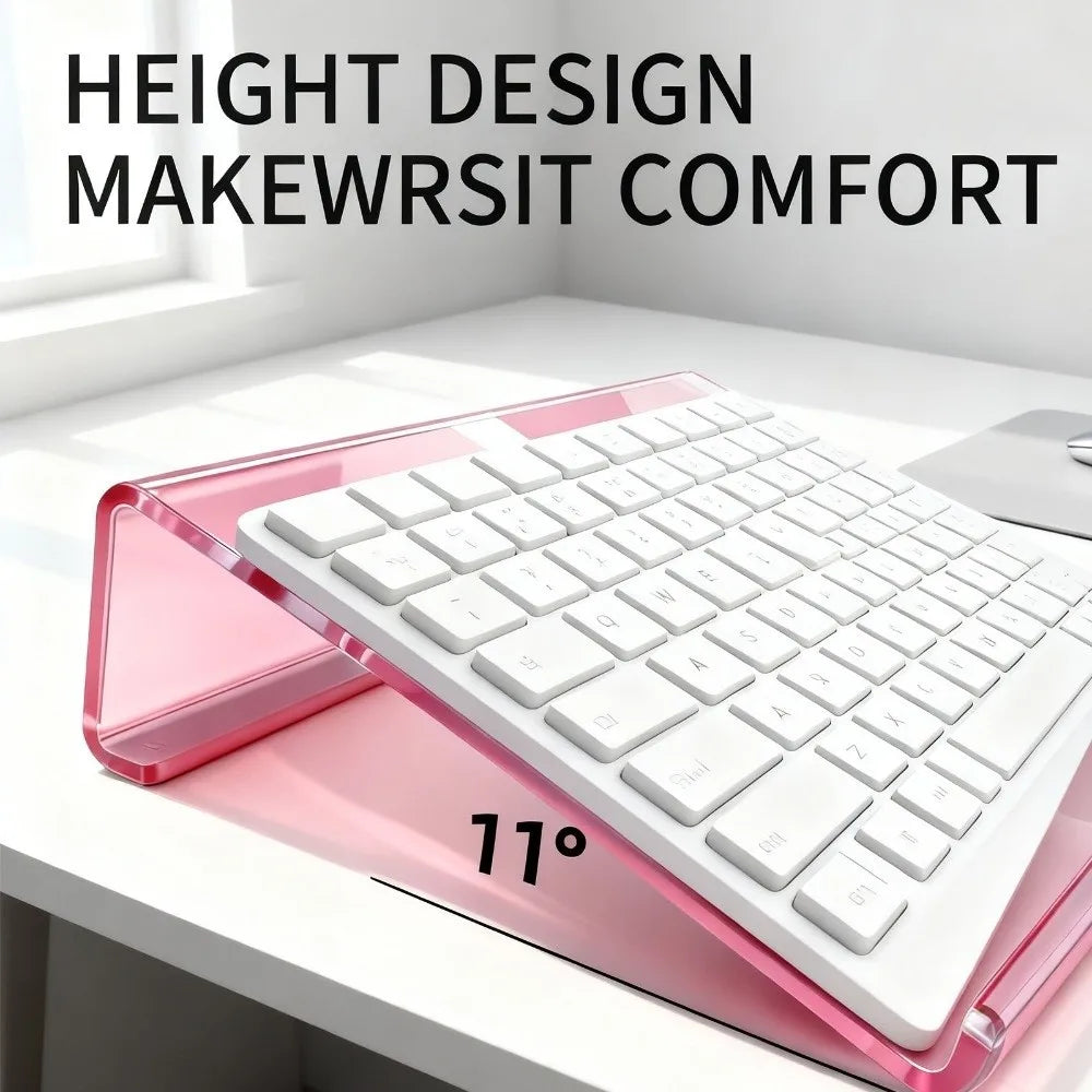 Pink acrylic ergonomic keyboard riser showing a 11 degree angle for improved comfort