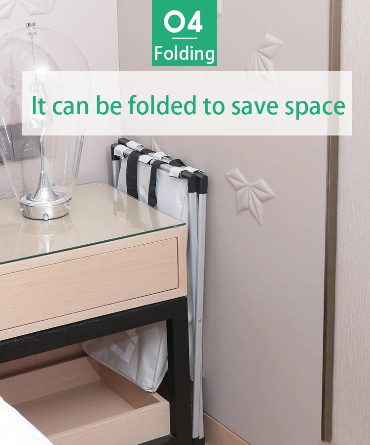 A foldable laundry basket with a large capacity and waterproof oxford cloth is shown next to a bedside table.
