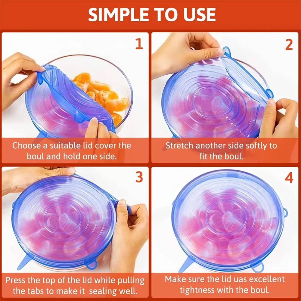 Instructions showing how to use reusable silicone stretch lids to seal a bowl.