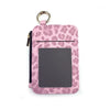 A pink leopard print PU leather card holder with a coin pocket and keychain attached.