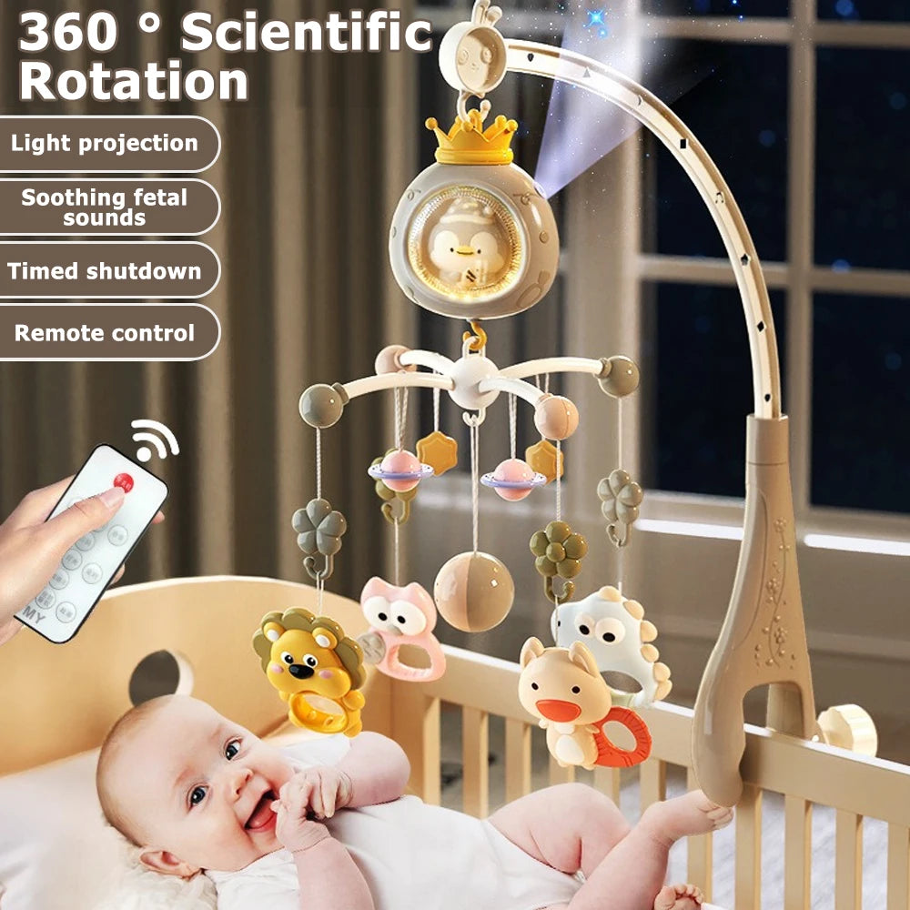A baby is sleeping in a crib while a scientific rotation mobile with light projection hangs above them.