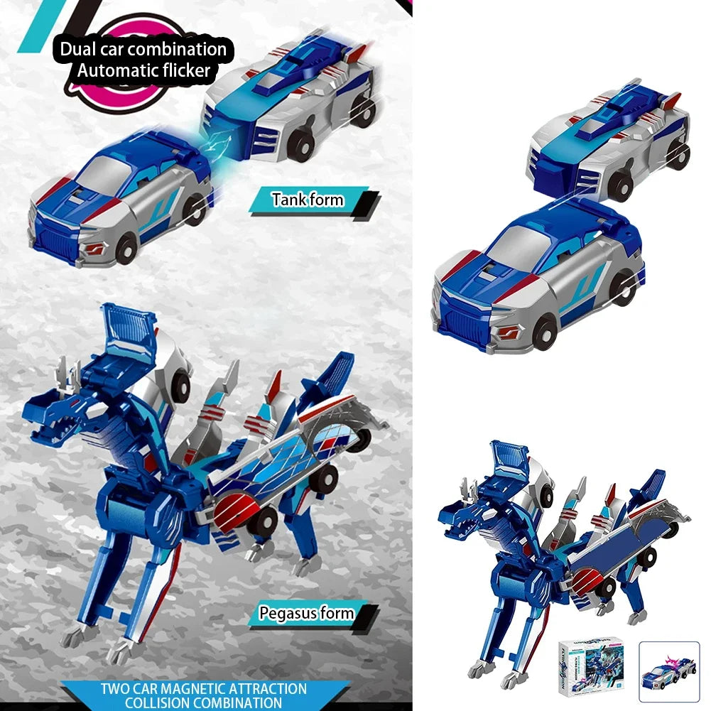 A toy car that transforms into a tank form and a pegasus form, showing two different modes of operation.