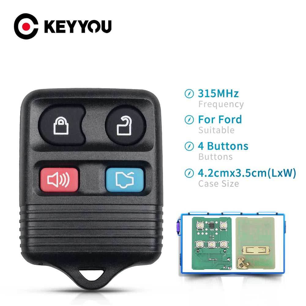 A black replacement remote key fob with four buttons and a battery compartment is shown next to its internal components.
