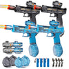 A collection of automatic electric water guns and accessories in black, blue, and silver.