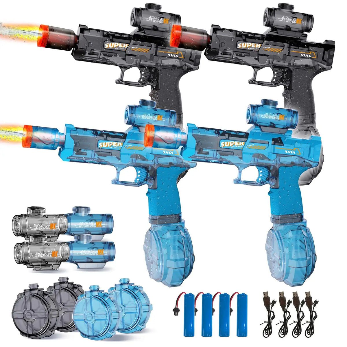 A collection of automatic electric water guns and accessories in black, blue, and silver.