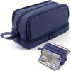 A navy blue fabric pencil case with a zipper and a drawstring closure, lying next to a set of pencils.