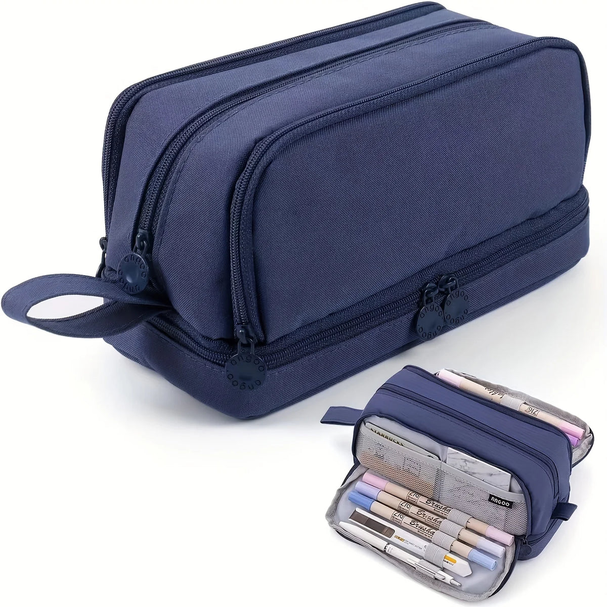 A navy blue fabric pencil case with a zipper and a drawstring closure, lying next to a set of pencils.