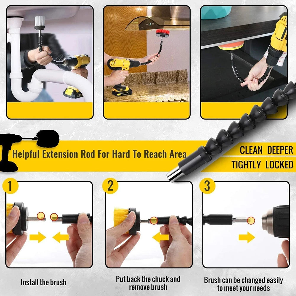 A drill brush cleaning kit with extensions shown in various applications for home and auto detailing.