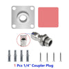 A set of 1/4 inch coupler plugs and a square mounting plate for pressure washer accessories.