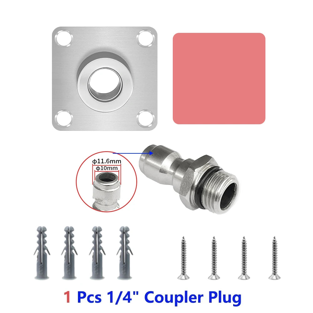 A set of 1/4 inch coupler plugs and a square mounting plate for pressure washer accessories.