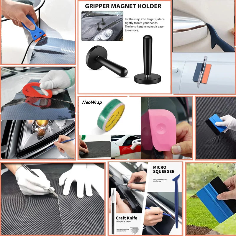A set of tools for vinyl wrap and window tinting including a gripper magnet holder, wrap tool, craft knife, and micro squeege