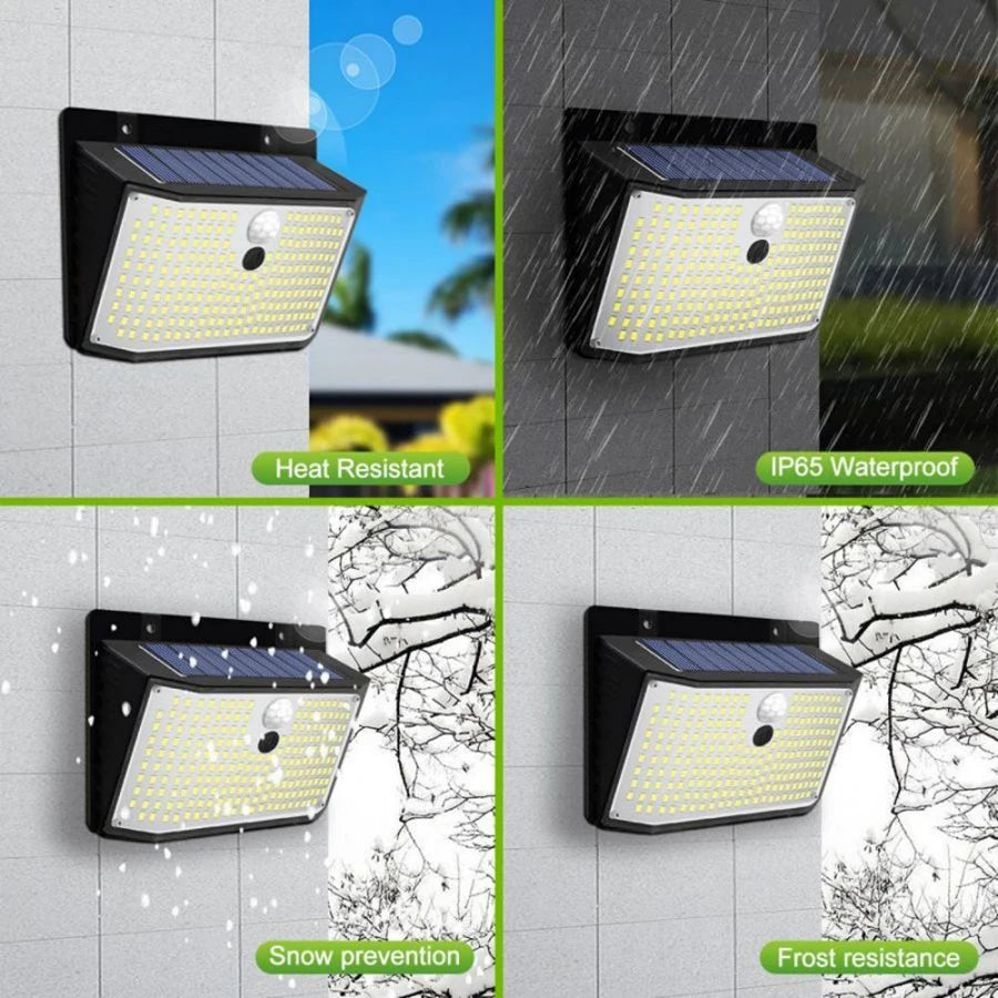 A black solar-powered security wall light shown in various weather conditions, highlighting heat resistance, waterproofness, 