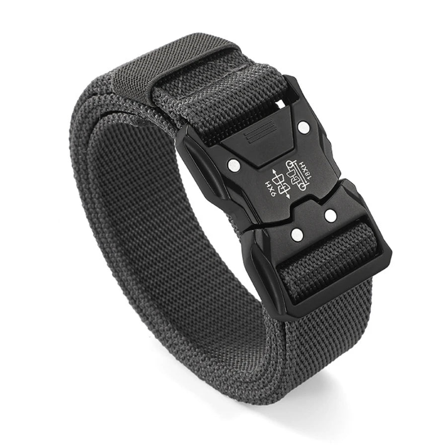 Black men's tactical nylon belt with a secure metal buckle and adjustable strap.