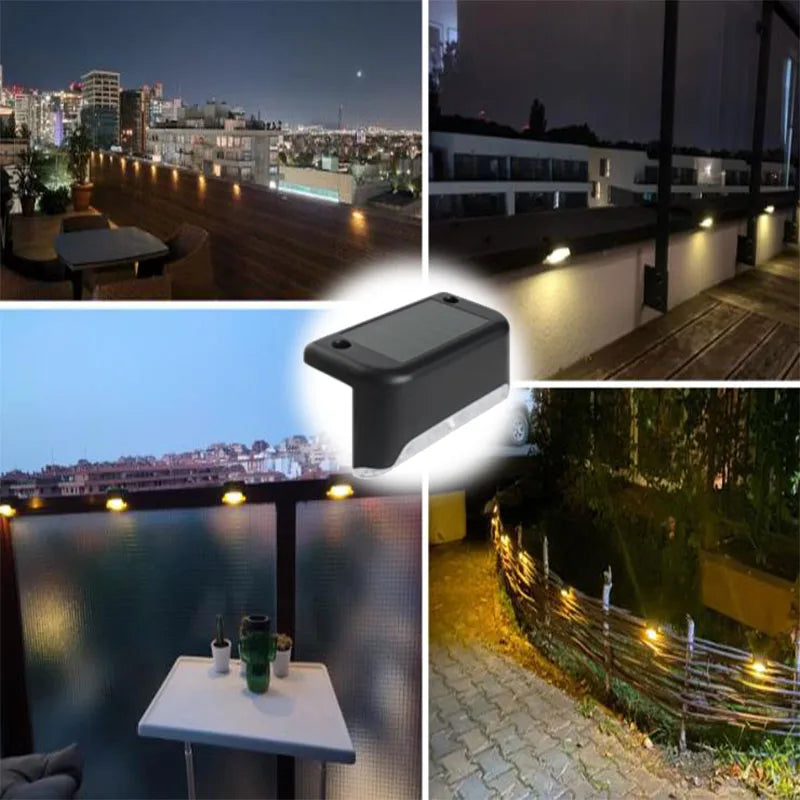 A set of solar powered LED step lights illuminating outdoor stairs and paths at night.