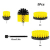 A set of five yellow and black power drill brush attachments for deep cleaning, including various sizes.