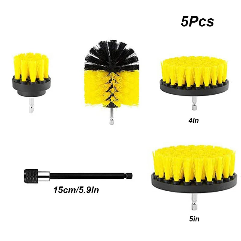 A set of five yellow and black power drill brush attachments for deep cleaning, including various sizes.