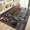 A dark play mat featuring various colorful cartoon cars arranged in a traffic pattern for kids' play.