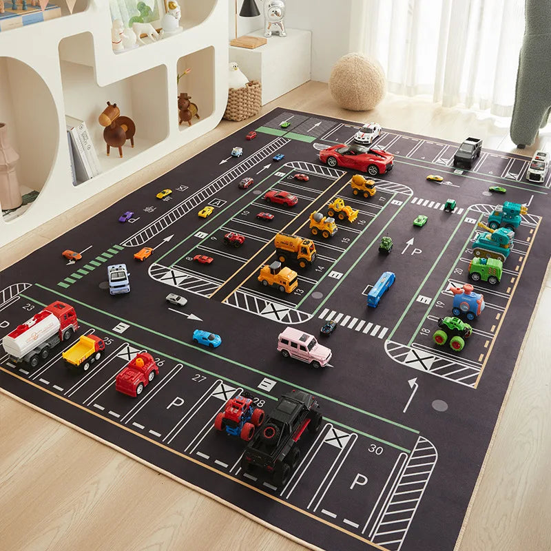 A dark play mat featuring various colorful cartoon cars arranged in a traffic pattern for kids' play.