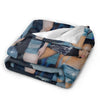 A close-up of a creative microfiber fleece throw blanket featuring a person's face and arm.