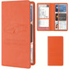 An orange faux leather document organizer with a clear plastic sleeve and an interior display for cards and documents.