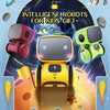 A yellow robot toy is featured against a blue space background with other robots and celestial elements.