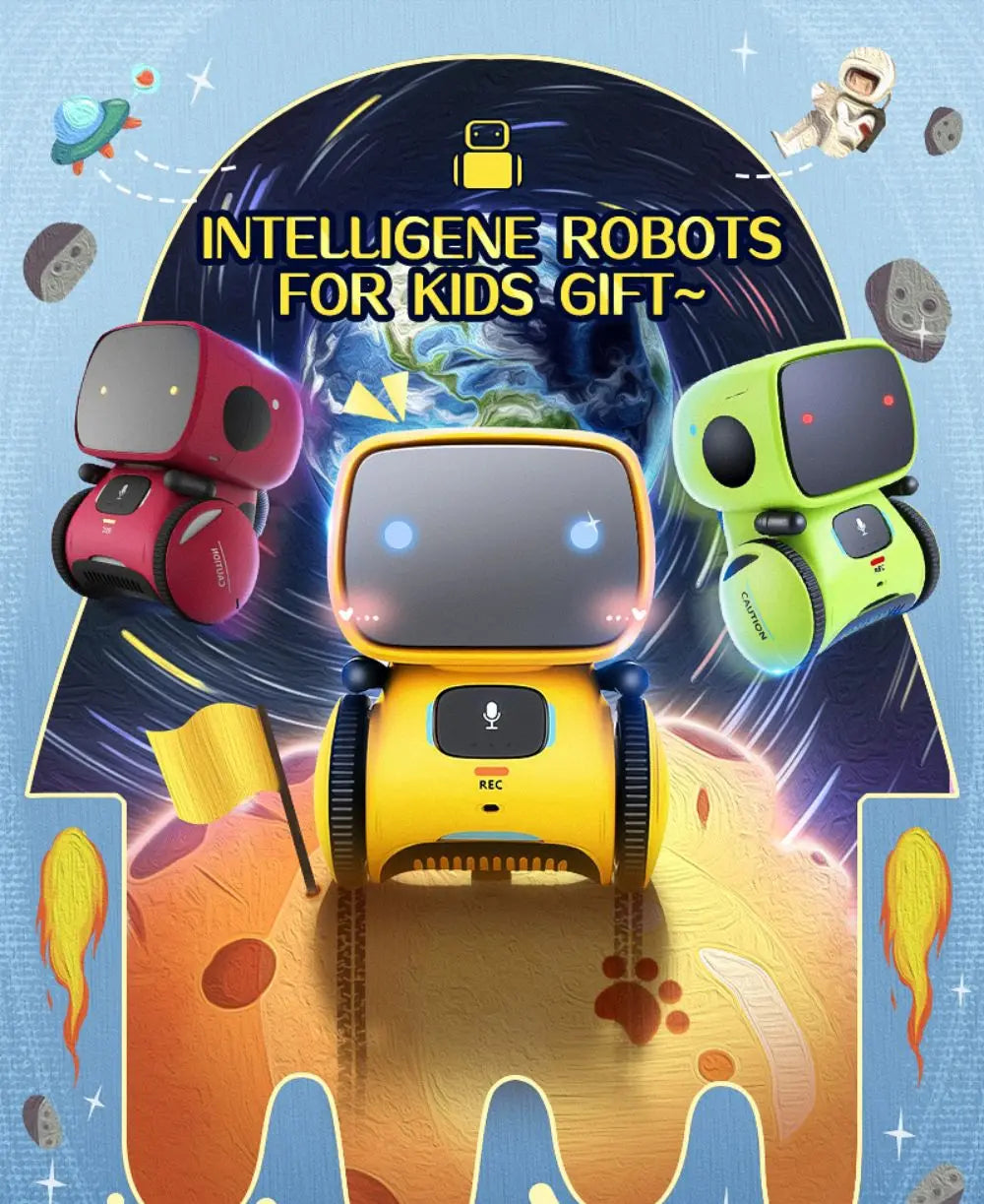 A yellow robot toy is featured against a blue space background with other robots and celestial elements.